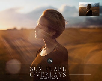 May include: A woman with short blonde hair stands in a field with a golden sunset behind her. The sun's rays are shining through her hair and creating a warm glow. The text "SUN FLARE OVERLAYS 40 MEGAPACK" is at the bottom of the image.