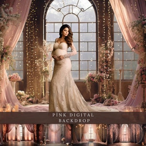 May include: A digital backdrop featuring a pregnant woman in a white gown standing in a room with a large window, pink curtains, and floral arrangements. The text "PINK DIGITAL BACKDROP" is displayed at the bottom of the image.