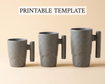 Szablon wysokiego, stożkowego kubka w formacie PDF, wzór na ceramikę formowaną płytowo, nowoczesny kubek górski z pionowym uchwytem, przewodnik po ręcznym formowaniu w 3 rozmiarach