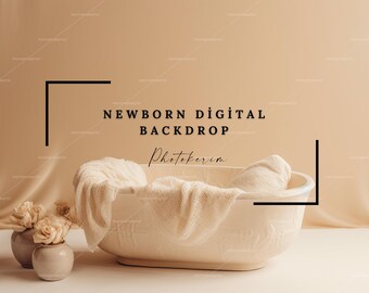 Op de afbeelding: Een wit keramiek bad met een getextureerd oppervlak, gevuld met een witte handdoek. Het bad staat op een wit oppervlak met een beige achtergrond. De tekst "NEWBORN DIGITAL BACKDROP Photokerim" wordt boven het bad weergegeven.