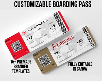 Könnte beinhalten: Zwei anpassbare Bordkartenvorlagen, eine für Air Canada und eine für Emirates. Beide Karten haben ein rot-weißes Farbschema mit einem Weltkartenhintergrund. Der Text auf den Karten enthält den Namen der Fluggesellschaft, die Flugnummer, das Datum, die Abflugstadt, die Ankunftsstadt und die Abflugzeit. Der Text "15+ vorgefertigte Markenvorlagen" und "Vollständig editierbar in Canva" ist ebenfalls enthalten.
