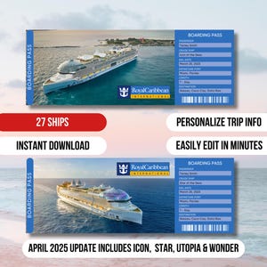Boletos de crucero de Royal Caribbean / Descarga de boletos de crucero / Texto editable / Tarjeta de embarque sorpresa para vacaciones / Boleto de regalo imprimible para vacaciones