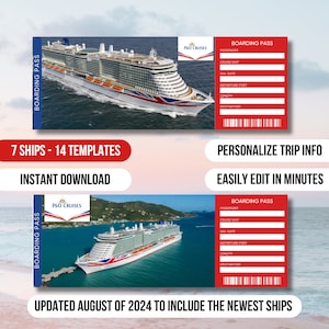 以下が含まれることがあります： 赤と白のデザインのクルーズ船搭乗券テンプレートが2つ。乗船券にはクルーズ船の画像と乗客の詳細を入力する欄があります。「7 Ships - 14 Templates」、「Instant Download」、「Personalize Trip Info」、「Easily Edit in Minutes」の文字が含まれています。