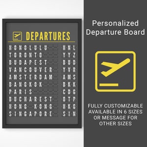 Könnte beinhalten: Ein schwarz-weißes digitales Abflug-Anzeigetafel mit dem Wort "DEPARTURES" oben. Die Tafel listet Städte und ihre Flughafencodes auf, wie Honolulu (HNL), Toronto (YYZ), Budapest (BUD), Vancouver (YVR), Amsterdam (AMS), Bangkok (BKK), Paris (CDG), Bukarest (OTP), Hongkong (HKG) und Singapur (SIN).