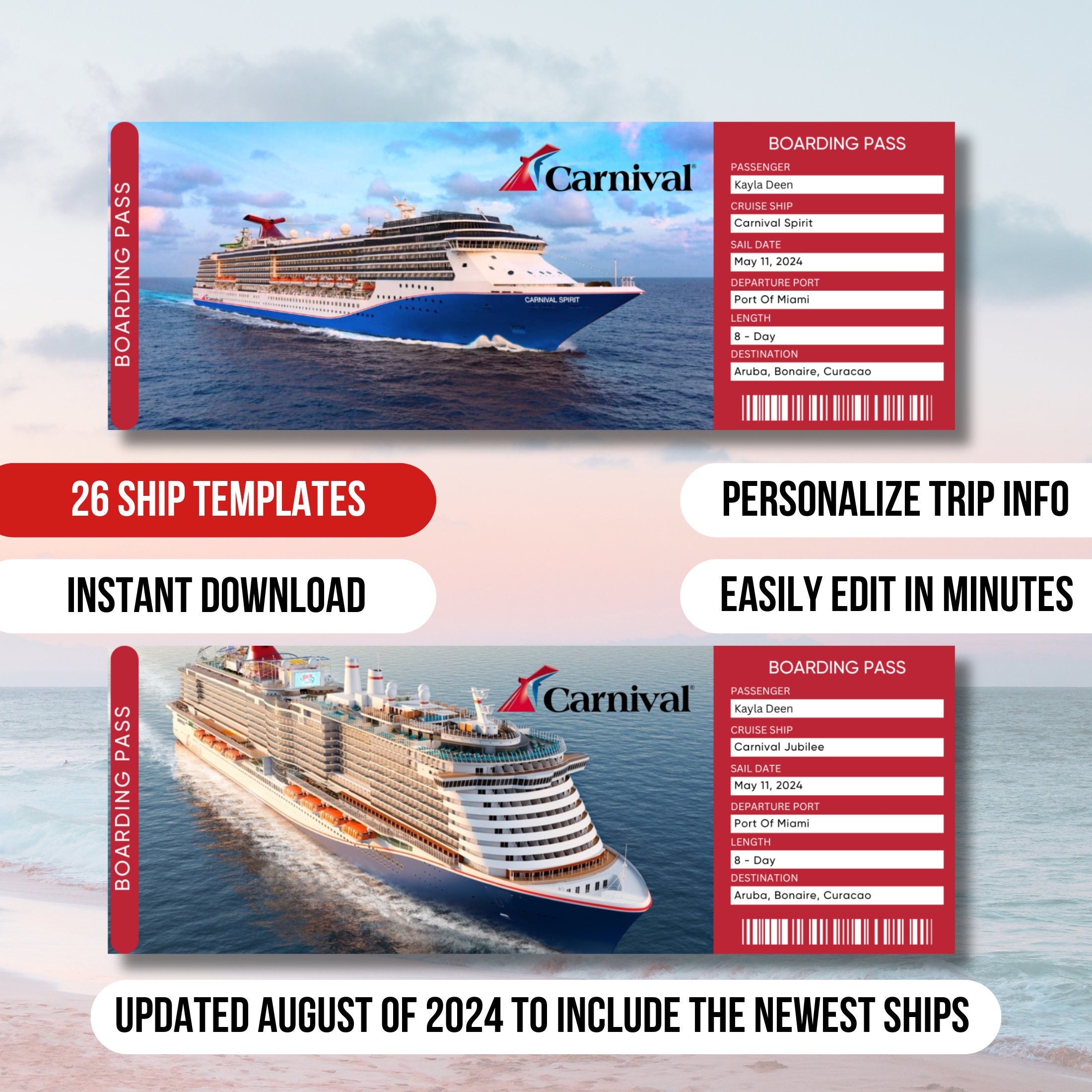 Carnival Cruise, Editable Crise Ticket Template, Surprise Cruise
