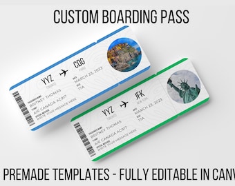 May include: Two customisable boarding pass templates with a blue and green background. The blue template features a photo of a coastal town and the green template features a photo of the Statue of Liberty. Both templates include the text "YYZ" and "JFK" with the corresponding city names, "Toronto" and "New York", and the date "March 23, 2023". The text "BRITNEY THOMAS" and "AIR CANADA AC917" are also included on both templates. The text "6 PREMADE TEMPLATES - FULLY EDITABLE IN CANVA" is at the bottom of the image.