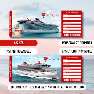 May include: Two boarding passes with cruise ship imagery. The passes feature the Virgin Voyages logo and include passenger details, cruise ship name, sail date, departure port, length, and destination. Text includes "4 Ships", "Instant Download", and "Personalize Trip Info".