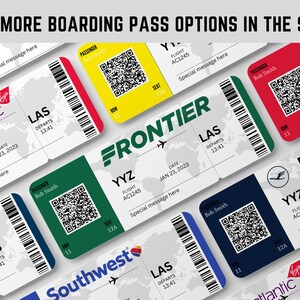 Puede incluir: Un collage de seis tarjetas de embarque de diferentes aerol&iacute;neas, cada una con un logotipo y un esquema de colores &uacute;nicos. Las tarjetas incluyen el nombre de la aerol&iacute;nea, el n&uacute;mero de vuelo, el destino, la hora de salida y el nombre del pasajero. El texto en las tarjetas incluye "Frontier", "Southwest", "Lufthansa", "Virgin Atlantic" y "YYZ".