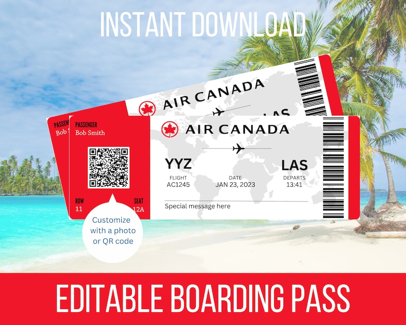 Puede incluir: Plantilla de tarjeta de embarque imprimible editable con un logotipo de Air Canada rojo y blanco, un mapa del mundo y el texto "YYZ" y "LAS". La plantilla incluye campos para el nombre del pasajero, el n&uacute;mero de vuelo, la fecha y la hora de salida. El texto "DESCARGA INSTANT&Aacute;NEA" y "TARJETA DE EMBARQUE EDITABLE" tambi&eacute;n est&aacute; incluido.