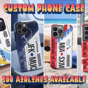 May include: Four custom phone cases with airline-inspired designs are displayed. Each case features a different design, incorporating airport codes and airline branding. The cases showcase a range of colours and styles, with the text "CUSTOM PHONE CASE" and "300 AIRLINES AVAILABLE".