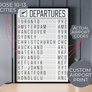 以下が含まれることがあります： 黒と白のサインに太字で「DEPARTURES」と書かれています。サインには、さまざまな都市とその対応する空港コードがリストされています。サインの上部には「CHOOSE 10-13 CITIES」というテキストがあります。サインは黒で額装され、灰色の壁に掛けられています。
