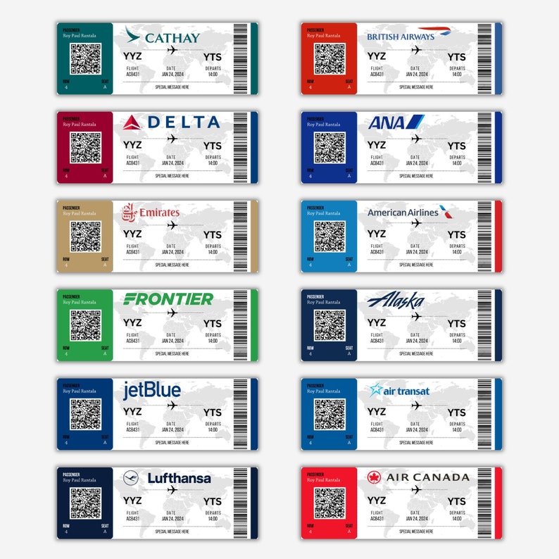 Puede incluir: Un conjunto de 10 tarjetas de embarque de aerol&iacute;neas con diferentes logotipos de aerol&iacute;neas, incluyendo Cathay Pacific, British Airways, Delta, ANA, Emirates, American Airlines, Frontier, Alaska Airlines, JetBlue, Air Transat, Lufthansa y Air Canada. Cada tarjeta de embarque presenta un c&oacute;digo QR, n&uacute;mero de vuelo, fecha y hora de salida.