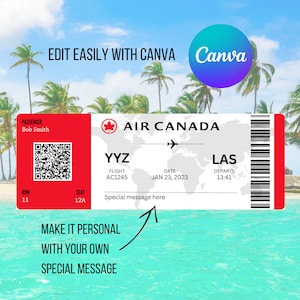Puede incluir: Una tarjeta de embarque roja y blanca de una aerol&iacute;nea con el texto "AIR CANADA" y un mapa del mundo. La tarjeta de embarque es para un vuelo de YYZ a LAS, que sale el 23 de enero de 2023 a las 13:41. El nombre del pasajero es Bob Smith. El texto "Special message here" est&aacute; debajo de la informaci&oacute;n del vuelo.