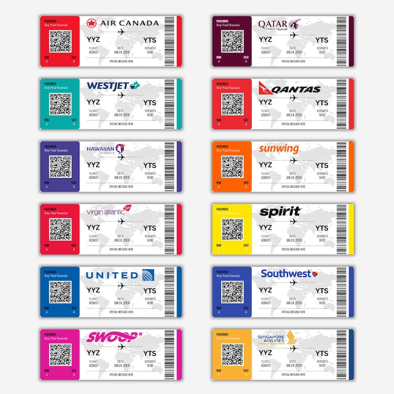Puede incluir: Un collage de diez tarjetas de embarque de aerol&iacute;neas con diferentes logotipos de aerol&iacute;neas, incluyendo Air Canada, Qatar Airways, WestJet, Qantas, Hawaiian Airlines, Sunwing, Virgin Atlantic, Spirit Airlines, United Airlines, Southwest Airlines y Singapore Airlines. Cada tarjeta de embarque presenta un c&oacute;digo QR, un n&uacute;mero de vuelo, una fecha y una hora de salida.