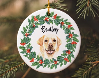 Yellow Lab Ornament - Labrador Retriever with Holly Wreath - Custom Pet Ornament - Dog Lovers Gift  - Custom Ceramic Ornament