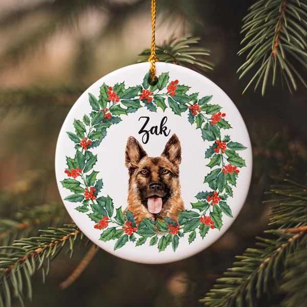 German Shepherd Ornament - Shepherd & Holly Wreath - Custom Pet Ornament -Custom Pet Christmas Keepsake - Personalized Ceramic Ornament