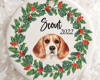 Custom Beagle Dog Gift, Beagle with Holly Wreath - Custom Pet Ornament - Dog Lovers Gift  - Custom Ceramic Ornament
