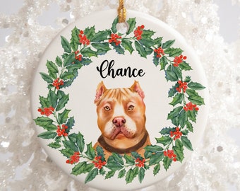 May include: A white ceramic Christmas ornament with a holly wreath and a brown and white pit bull dog inside the wreath. The dog's name, "Chance", is written in black cursive lettering inside the wreath.