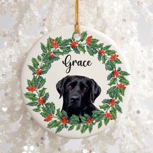 Black Lab Ornament - Labrador Retriever with Holly Wreath - Custom Pet Ornament - Dog Lovers Gift  - Custom Ceramic Ornament