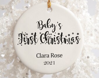 Adorno navideño para bebé - Adorno moderno en blanco y negro - Adorno personalizado para bebé niño o niña - Adorno de porcelana personalizado