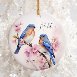 Personalized Bluebirds Christmas Ornament: Floral Porcelain Bird Lover Gift