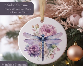 Dragonfly Ornament, Personalized Dragonfly Gift, Custom Name Keepsake, Dragonfly Watercolor Printed on Porcelain Ornament, Dragonfly Bauble