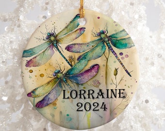 Dragonfly Ornament, Personalized Dragonfly Birthday Gift for her, Dragonflies Custom Name Keepsake, Dragonfly Christmas Ornament & Notecard