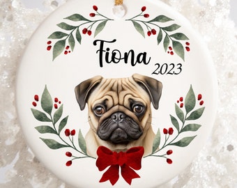 Pug Christmas Ornament - Fawn Pug Ornament- Custom Pug Ornament - Dog Lovers Gift  - Chocolate Pug Ceramic Ornament