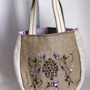 Fabric handbag, embroidered floral alphabet