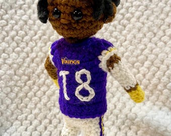 Crochet Minnesota Vikings Justin Jefferson doll doing the griddy, crochet handmade custom football player sports figure