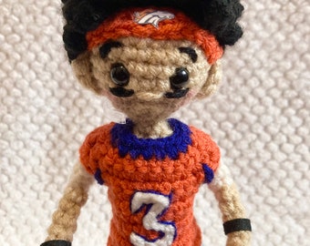 Crochet Denver broncos custom quarterback doll, custom crochet football player