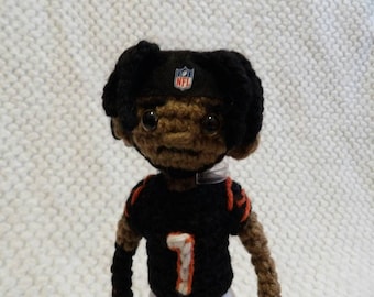Crochet Cincinnati Bengals ja'marr chase doll holding football helmet, custom crochet football player