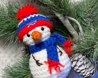 Crochet snowman ornament, football team christmas tree keychain