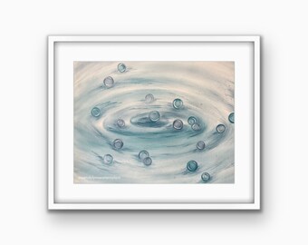 Original 12x16” watercolor painting of teal bubbles