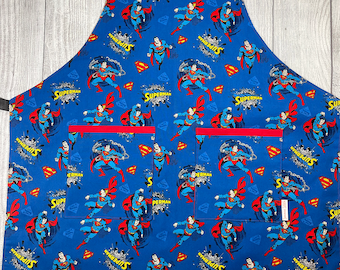 Super hero handmade child size apron with pockets