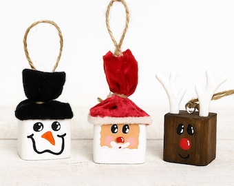 Handmade Wooden Christmas Ornament Set – Snowman, Santa & Reindeer | Rustic Farmhouse Holiday Décor