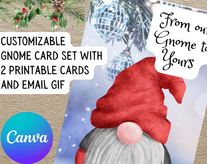 Christmas Gnome Printable Card Set - Editable Holiday Greeting on Canva