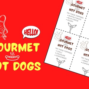 Afdrukbare gastronomische hotdog-topping-suggestiekaarten