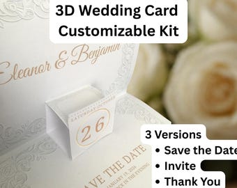 3D Wedding Card Kit Printable (Save the Date + Invitation + Thank You)