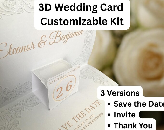 3D Wedding Card Kit Printable (Save the Date + Invitation + Thank You)