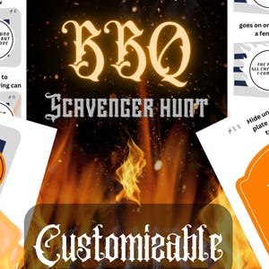 May include: A printable set of cards for a BBQ scavenger hunt. The cards are white with black text and a black and white striped border. The cards are numbered and have a different clue on each card. The cards are set against a background of flames.