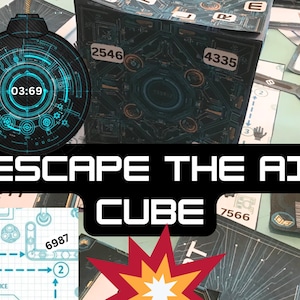 May include: An escape room game with a futuristic theme. The image features a black cube with numbers and a circular timer showing 03:69. The text "ESCAPE THE AI CUBE" is prominently displayed. Various game components are scattered around.