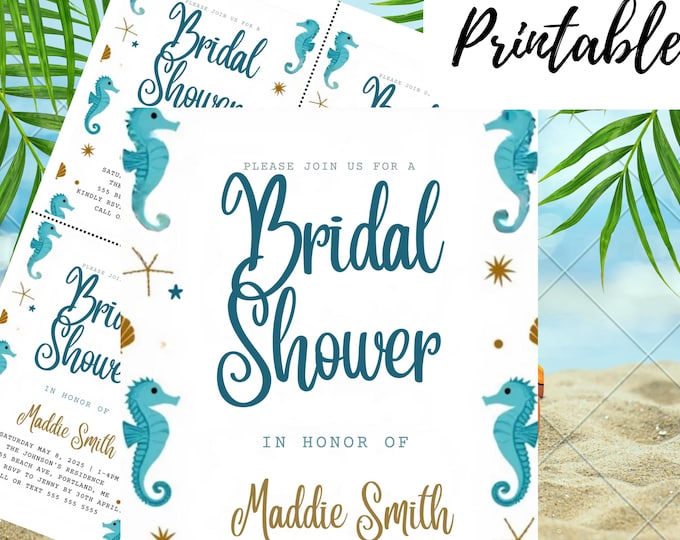 Editable Beach Themed Bridal Shower Invitation Template | Coastal Theme | Instant Download