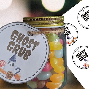 Etiqueta de regalo imprimible con forma de larva fantasma para Halloween