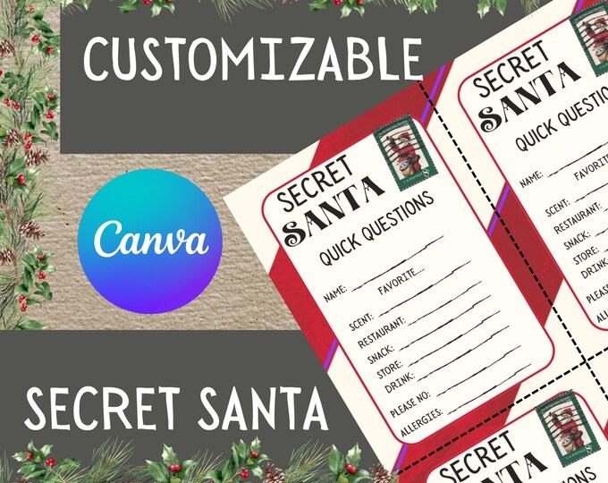 Secret Santa Customizable Cards for Work, School, and Family Christmas parties