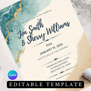 May include: A wedding invitation with a teal and gold watercolor background. The invitation reads "We invite you to the wedding of Jon Smith & Sherry Williams" with the date "January 19, 2026" and the time "Six o'clock in the evening". The invitation also includes the location "Franklin Park Hotel, 211 Broadstreet, Newyork, NY, 12345" and the text "Reception to follow".