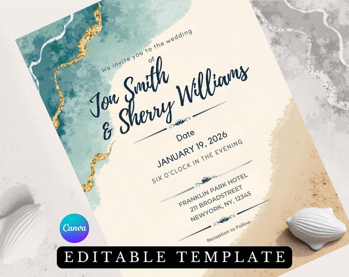 Editable Beach Themed Wedding Invitation Template - DIY Nautical Wedding Card