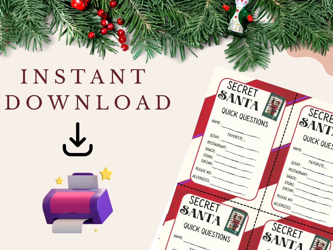 Printable Secret Santa Questionnaire Great Form for Work, Family Party, and Friendly Gatherings ...