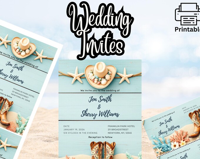 Western Coastal Wedding Invitation -  Printable and Customizable Design