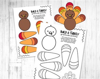 May include: Printable Thanksgiving activity for kids. Build a turkey by coloring and cutting out the feathers and writing things you are thankful for on each feather. The printable includes a turkey template and feathers.